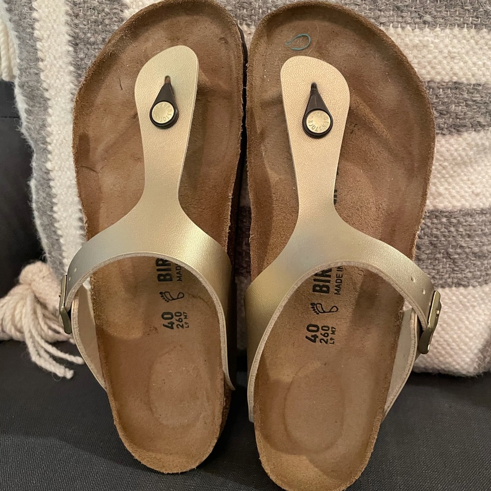 Birkenstock Gizeh gold thong sandal.